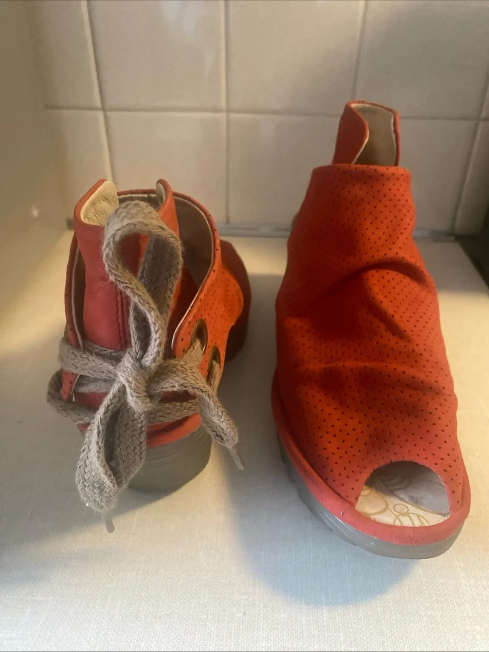 Fly London Lace Up Open Toe Wedge Sandals Red Suede Womens 37 US 6 6.5